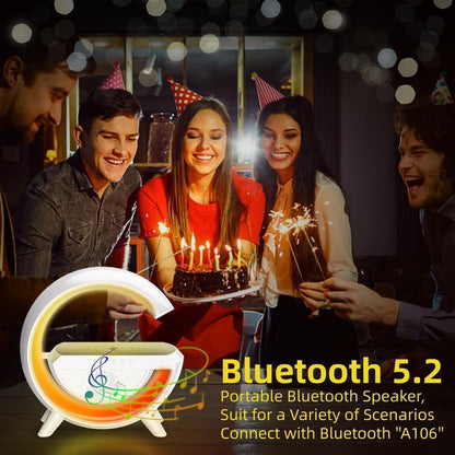 🔊 G-Shape Multifunctional Google Speaker with LED, Wireless Charging, 15W Fast Charging, Bluetooth, FM Radio, RGB Music Sync, and Atmosphere Lamp.