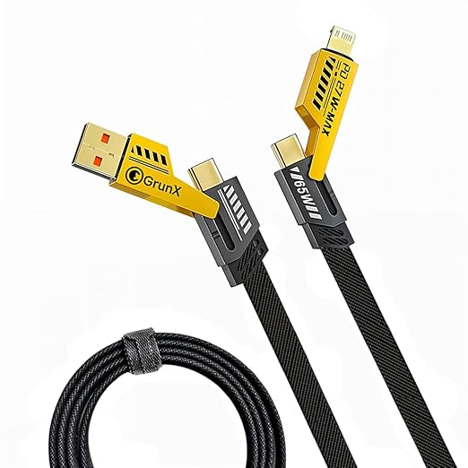 VIRTUOUS 4 in 1 Braided Fast Charging Cable 65W | Quad 1.5m Rugged Design Multiport | Type C to Lightning | Type C to USB A | Compatible for iPhones, iPads, Tablets, MacBooks and Android Devices -Black