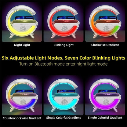 🔊 G-Shape Multifunctional Google Speaker with LED, Wireless Charging, 15W Fast Charging, Bluetooth, FM Radio, RGB Music Sync, and Atmosphere Lamp.