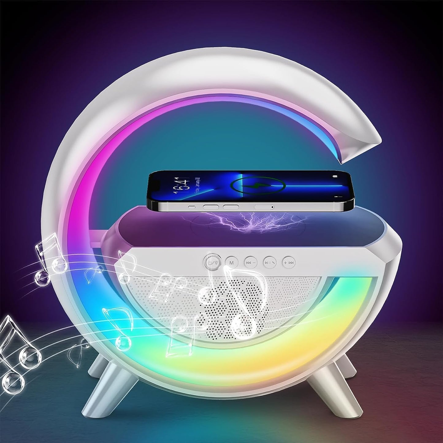 🔊 G-Shape Multifunctional Google Speaker with LED, Wireless Charging, 15W Fast Charging, Bluetooth, FM Radio, RGB Music Sync, and Atmosphere Lamp.