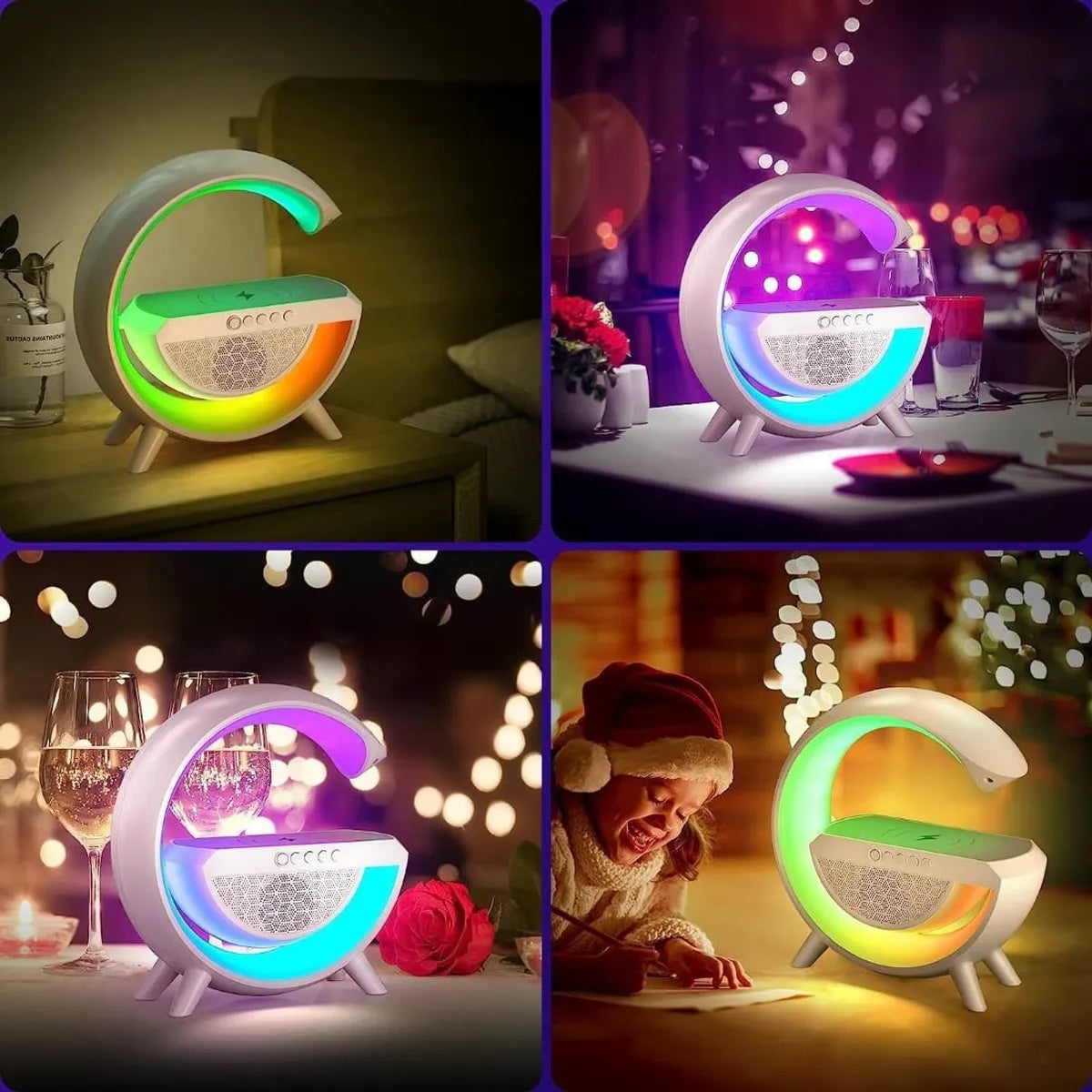 🔊 G-Shape Multifunctional Google Speaker with LED, Wireless Charging, 15W Fast Charging, Bluetooth, FM Radio, RGB Music Sync, and Atmosphere Lamp.