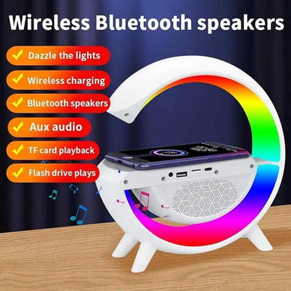 🔊 G-Shape Multifunctional Google Speaker with LED, Wireless Charging, 15W Fast Charging, Bluetooth, FM Radio, RGB Music Sync, and Atmosphere Lamp.